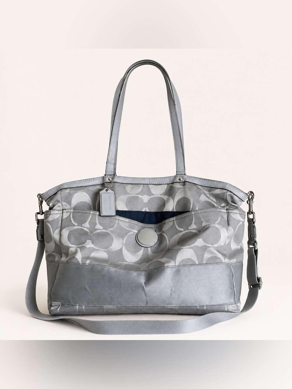 Coach F17443 Gray Signature Stripe Diaper Bag Tote Changing Pad Crossbody